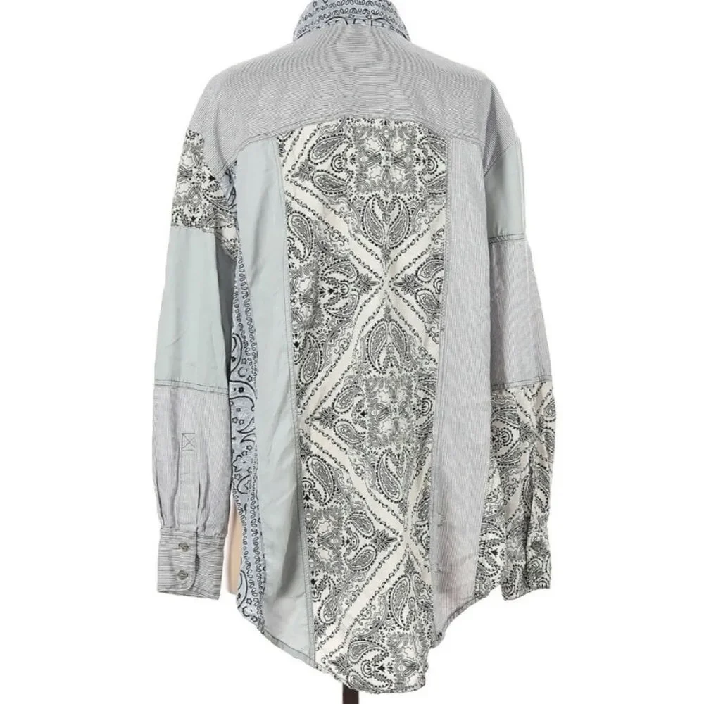 Free People Blue Distressed Patchwork Shirt